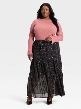 Ava & Viv Black Floral Tiered Maxi Skirt with Drawstring